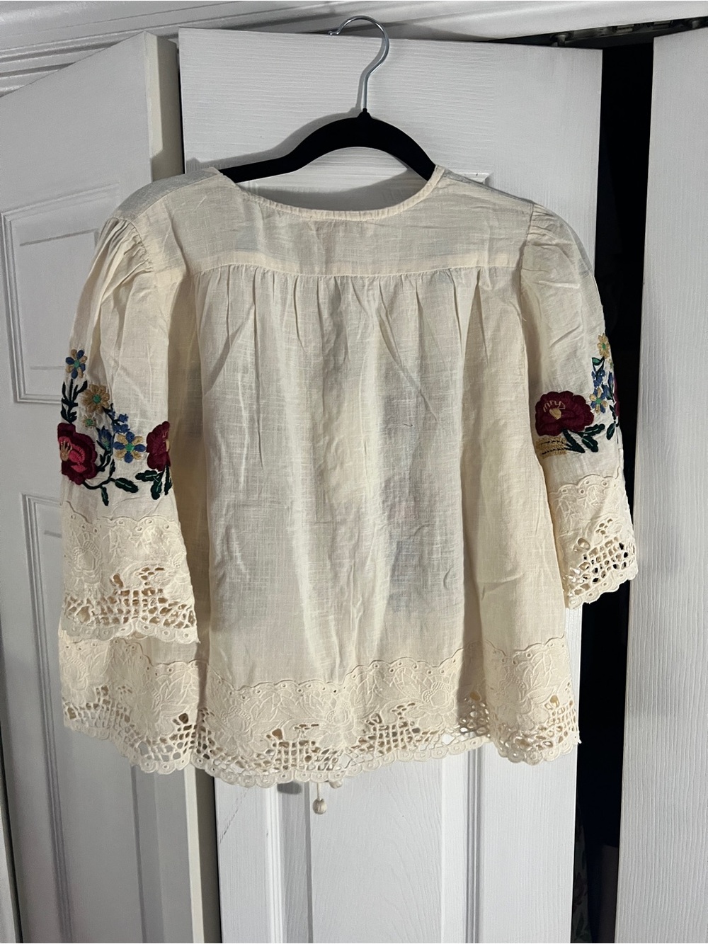 Embroidered Cream Peasant Blouse with Lace Trim - Picture 10 of 13